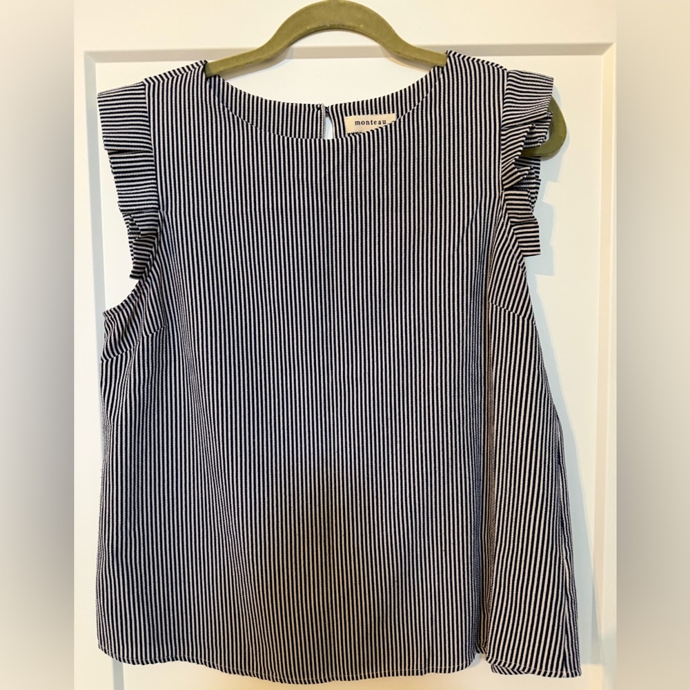 Monteau Navy and White Pinstripe Ruffle-Sleeve Tank
